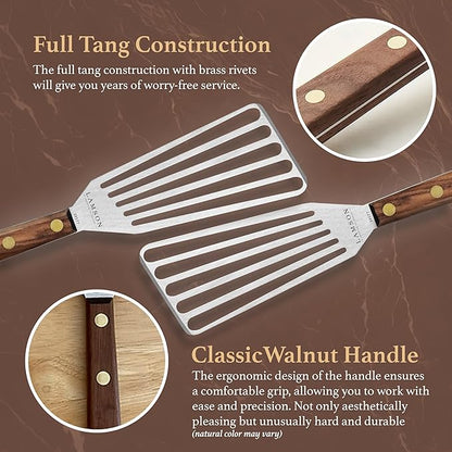 Lamson Metal Spatula Slotted Turner - 3' x 6" Stainless Flipper with Walnut Handle, Left-Hand - Chef's Frying Fish Turner, Metal Grilling Spatula
