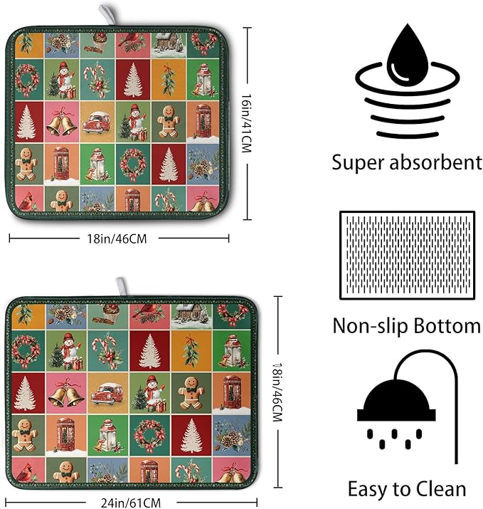 Christmas Dish Drying Mats for Kitchen Counter Cute Xmas Holiday Dish Drainer Pad Microfiber Absorbent Winter Dish Draining Mat Washable Dish Drainer Rack Mat Extra Large 18x24 Inch - Image 2
