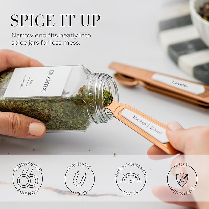 Copper Measuring Spoons Set with Leveler – 8-Piece Double-Sided Nesting Magnetic Measuring Spoons, Stackable & Spice Jar Friendly – Stylish Copper Kitchen Accessories and Decor for Baking and Cooking - Image 4