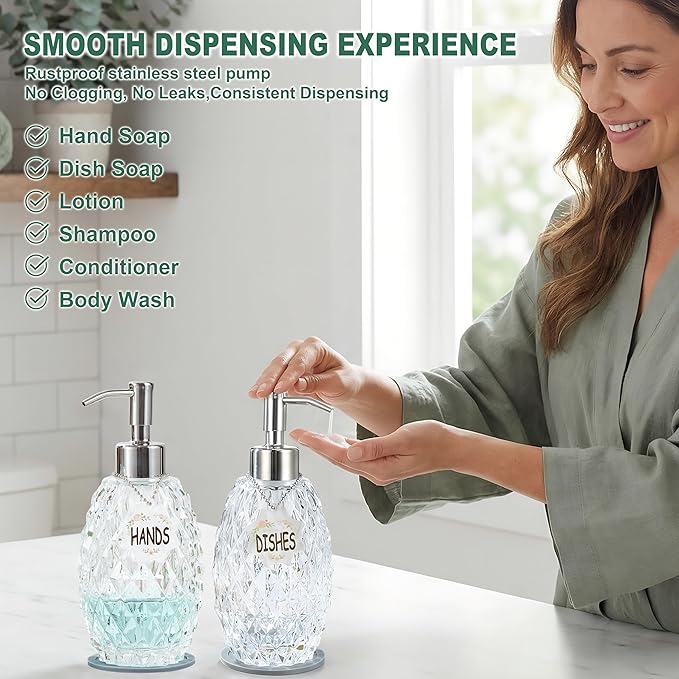 MALACHI Soap Dispenser Set, Crystal-Textured Diamond Glass with Rustproof Stainless Steel Pump, Dual-Labelled Hand & Dish Soap Dispenser for Kitchen & Bathroom