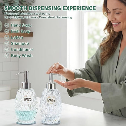 MALACHI Soap Dispenser Set, Crystal-Textured Diamond Glass with Rustproof Stainless Steel Pump, Dual-Labelled Hand & Dish Soap Dispenser for Kitchen & Bathroom