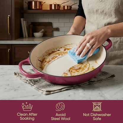 Vintage Style 3 Quart Enameled Cast Iron Braiser, Non Stick Enameled Cast Iron Skillet with Lid, Dutch Oven Skillet with lid up to 500°F for Oven, Stove, Grill, Shallow Dutch Oven for Cook, Bake (Rose) - Image 6