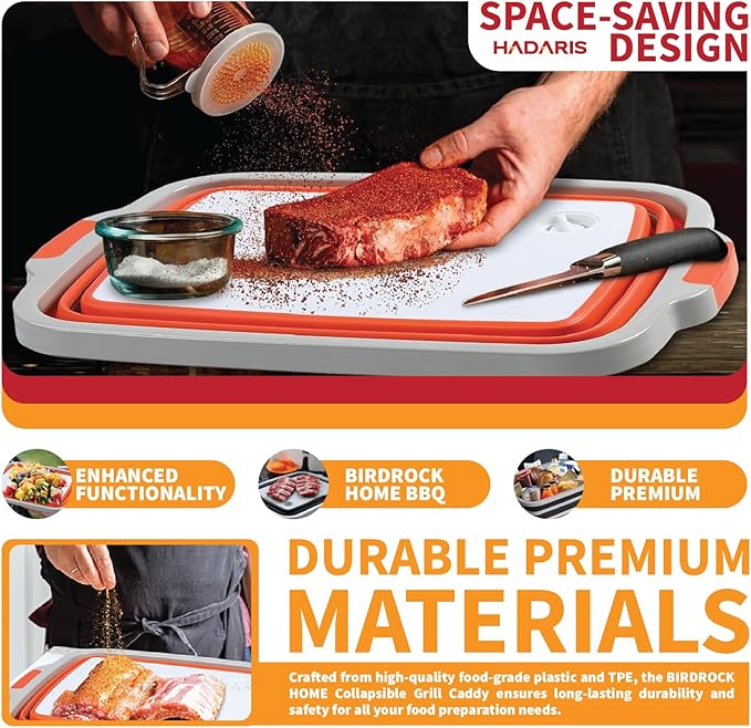 All-in-One Collapsible BBQ Prep Tub - Marinating Station & Food Storage with Built-in Cutting Board & Airtight Lid - Perfect for Grilling, Camping & Kitchen Organization (Orange)