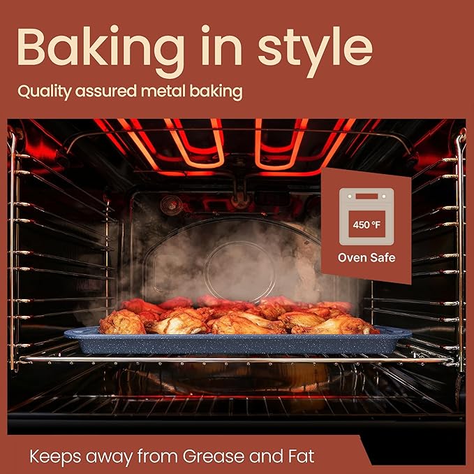 Cookie Sheet with Wire Rack Set, 2-Piece Nonstick Blue Marble Carbon Steel Pan & Cooling Rack, Space-Saving Stackable Set, PFOA, PFOS, PTFE Free, Oven Safe Up to 450°F, 17.4" Pan & 14.7" Rack - Image 6