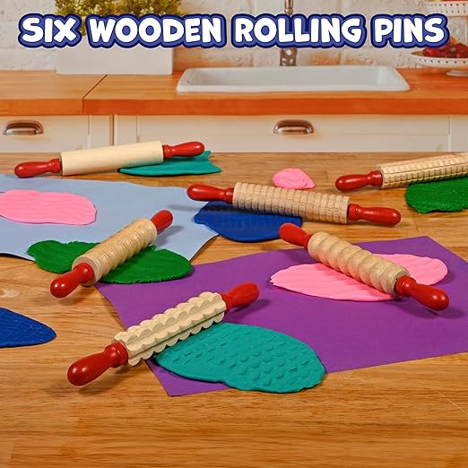 READY 2 LEARN Mini Textured Wooden Rolling Pins | Set of 6 | 7.25 inches | Turning Handles | Rollers for Kids' Dough, Crafts, Imaginative Play