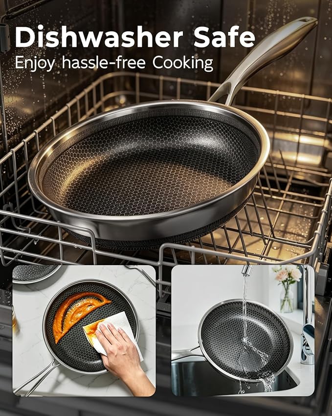 FogDream 10 Inch Nonstick Frying Pan with Lid, Honeycomb Hybrid Stainless Steel Skillet, Tri-Ply Induction Compatible, Non Toxic Frying Pan, Oven Safe, Dishwasher Safe, Silver - Image 8