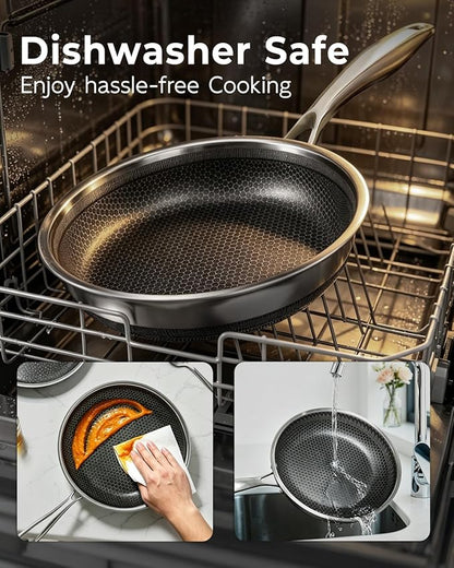 FogDream 8 Inch Nonstick Frying Pan with Lid, Honeycomb Hybrid Stainless Steel Skillet, Tri-Ply Induction Compatible, Non Toxic Frying Pan, Oven Safe, Dishwasher Safe, Silver - Image 8