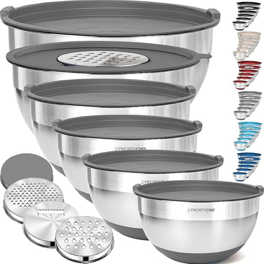 Priority Chef 6Pc Large Mixing Bowls With Lids Set with Non-Slip Bases, Stainless Steel Mixing Bowl Set, 6 Airtight Lids and 3 Graters, Grey by PriorityChef
