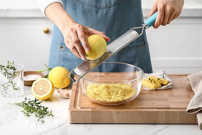 Spring Chef Stainless Steel Lemon Zester Grater with Handle - Garlic, Cheese, Parmesan, Nutmeg, Lime, Ginger Grater - Heavy Duty Kitchen Tool - Citrus Zester with Blade Cover - Fine Shred - Aqua Sky