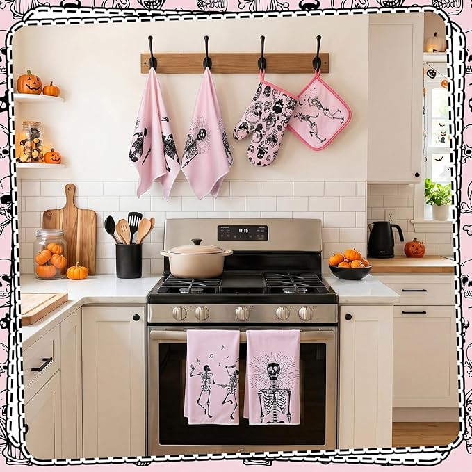 Leinuosen 8 Pcs Skull Kitchen Decor Set Kitchen Towels Gothic Oven Mitts and Pot Holders Skeleton Hand Dish Towels Horror Oven Mitts for Home Decoration Party Gifts (Pink,Dance) - Image 6
