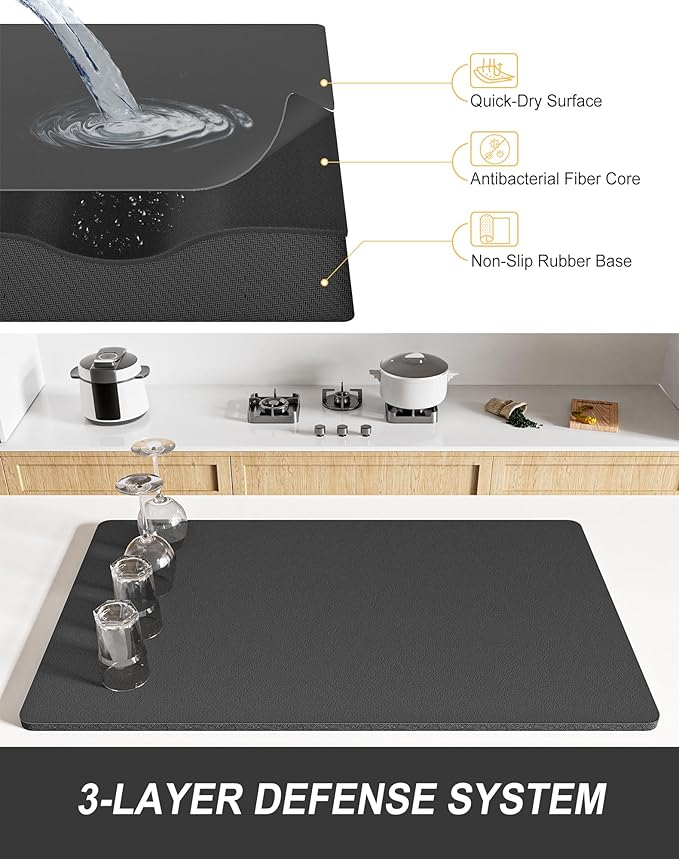 Rnivvi Dish Drying Mat for Kitchen Counter, XL 15 x 24" Super Absorbent Drainer Pad Easy Clean Dish Rack Pad, Non-Slip Heat Resistant Coffee Bar Mats for Coffee Machine Station Accessories Decor, Gray - Image 4