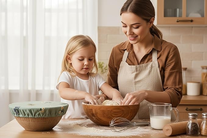 Reusable Bowl Covers (Set of 4) - Breathable Cotton Linen Sourdough Accessories - Elastic Durable Fabric Food Lids for Proofing Baskets & Bread Baking Supplies (Sage Green) - Image 9