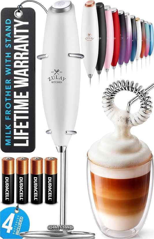Zulay Kitchen Powerful Milk Frother Wand With 4 AA Duracell Batteries - Ultra Fast Handheld Drink Mixer - Electric Whisk Foam Maker for Coffee, Lattes, Cappuccino, Matcha & Creamer - Blizzard White by ZulayKitchen
