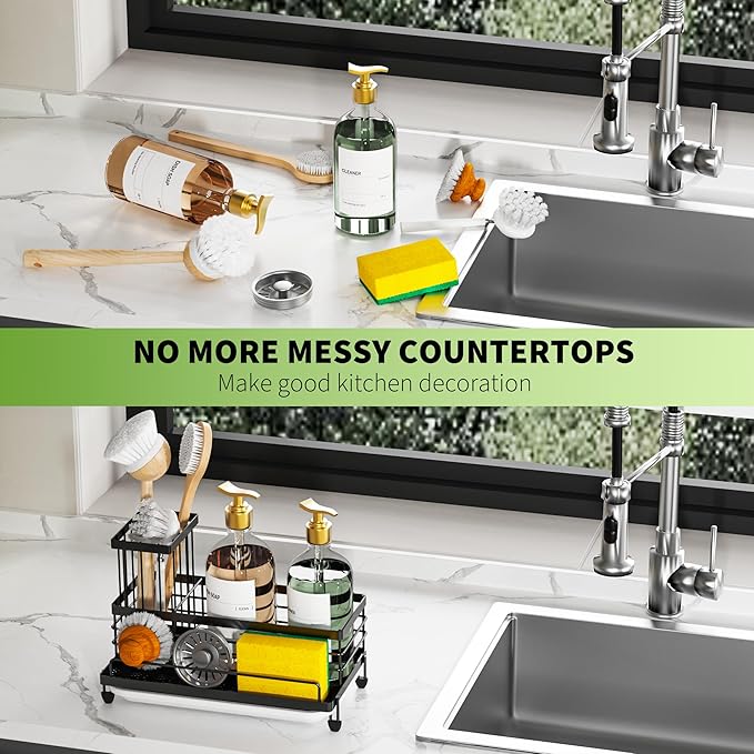 Cisily Large Capacity Kitchen Sink Caddy Organizer, Rustproof Non-Slip Sponge Holder With Dish Brush Holder Organizer, Kitchen Organization and Storage, Essentials Accessories for Countertop - Image 5
