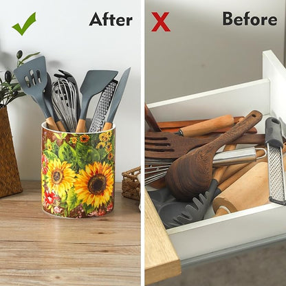 7" Oil Painting Sunflower Utensil Holder, Large Kitchen Utensil Holder Organizer ,Stable Utensil Crock Spatula Holder for Kitchen Counter Countertop Farmhouse Cooking Tools Holder