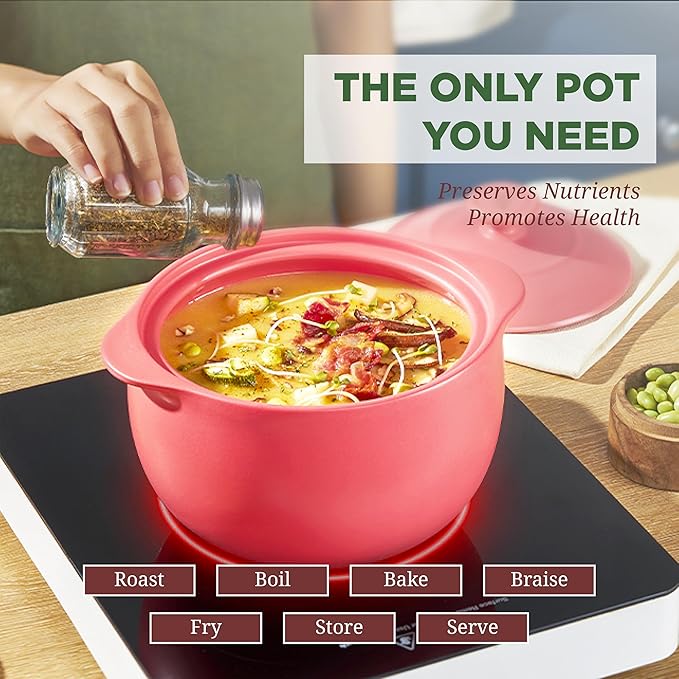 MINH LONG 1-Qt Porcelain Dutch Oven with Lid – Lead & Cadmium Free, Oven Safe to 482°F, Heat Retention, Clay Pot for Cooking on Gas & Infrared Cooktop, Use to Marinate, Cook, Bake, Refrigerate & Serve