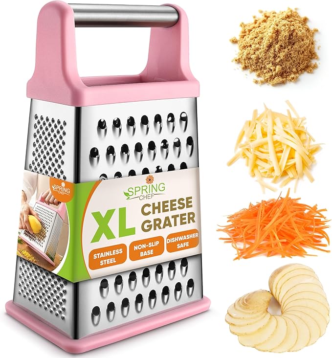 Spring Chef Professional Stainless Steel XL Parmesan Cheese Grater with Handle - 4 Sided Box Grater for Kitchen - Dishwasher Safe Carrot Shredder for Potato, Vegetables, Ginger - Pink Lemonade by SpringChef