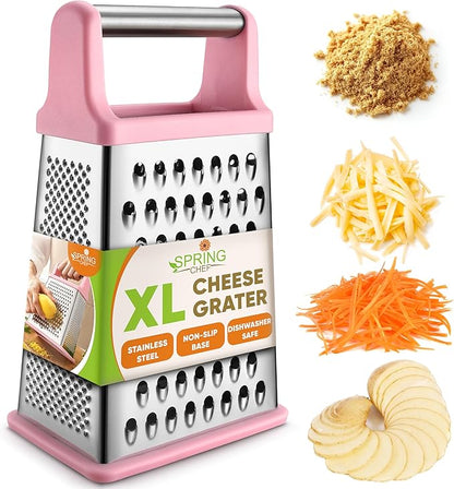 Spring Chef Professional Stainless Steel XL Parmesan Cheese Grater with Handle - 4 Sided Box Grater for Kitchen - Dishwasher Safe Carrot Shredder for Potato, Vegetables, Ginger - Pink Lemonade by SpringChef