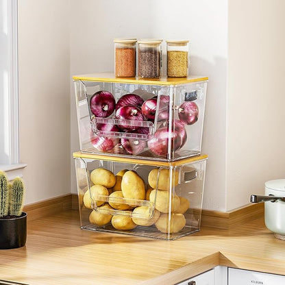Delamu 2 Set Pantry Organizers and Storage, Trash Bag Holder Under Sink Organizer for 4-13 Gal Bags, Trash Bag Dispenser with Bamboo Top for Onion, Potato, Garlic, Clear (11-7/32"L*7" W*7-1/8"H) - Image 8