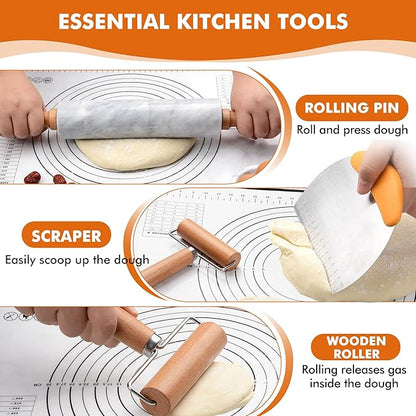 18.5 inches Marble Rolling Pin,Large Non-Stick Dough Roller,for making pizza, cookies,pie crusts, and pasta.with Silicone Pastry Mat,Stainless Steel Scraper,and Small Wooden Roller Pin(White)