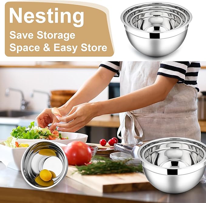 E-far Mixing Bowls with Lids, 6-Piece Stainless Steel Salad Bowls Metal Nesting Bowls for Baking Cooking and Prepping, Airtight Lids & Stackable Design, Size 4.5, 3, 1.5 QT (Khaki) - Image 5