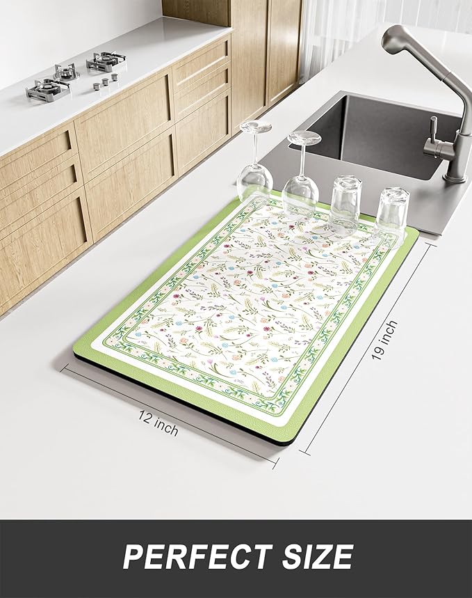 Rnivvi Dish Drying Mat for Kitchen Counter, 12 x 19" Cute Flower Theme Super Absorbent Draining Pad, Non-Slip Heat Resistant Coffee Bar Mat for Coffee Machine Station Accessories, Green Dish Rack Pad - Image 2
