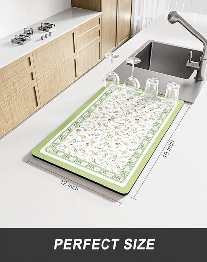 Rnivvi Dish Drying Mat for Kitchen Counter, 12 x 19" Cute Flower Theme Super Absorbent Draining Pad, Non-Slip Heat Resistant Coffee Bar Mat for Coffee Machine Station Accessories, Green Dish Rack Pad - Image 2