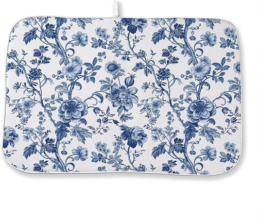 Blue Floral Dish Drying Mat 18 x 24 Inch Vintage Navy Blue Floral Drying Mat for Kitchen Counter Absorbent Spring Summer Flower Dishes Dry Pad for Drainer Rack Kitchen Fast Dry