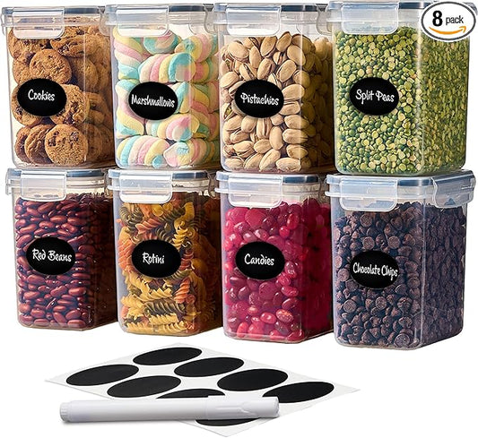 DWËLLZA KITCHEN Airtight Food Storage Container Set - 8 Pieces 1.4L - Plastic BPA Free Kitchen Pantry Storage Containers with Lids - Dishwasher Safe - Include 8 Labels - Keeps Food Fresh & Dry