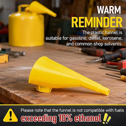 Plastic Funnel for Type I Metal Safety Cans, Compatible with Eagle F15FUN, Fits 1/2/5 Gallon Cans, 10" HDPE Funnel, Includes Diesel Only, Gasoline Only, Mixed Fuel Stickers(2 Pack)