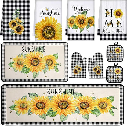 Fourluoo 10 Pcs Sunflower Kitchen Decor 4 Black and White Buffalo Plaid Dish Towels 2 Buffalo Check Pot Holders 2 Rustic Sunflower Oven Mitts 2 Yellow Rugs for Cooking Baking Mom Housewarming Gift by Fourluoo