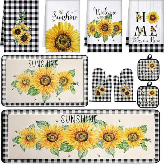 Fourluoo 10 Pcs Sunflower Kitchen Decor 4 Black and White Buffalo Plaid Dish Towels 2 Buffalo Check Pot Holders 2 Rustic Sunflower Oven Mitts 2 Yellow Rugs for Cooking Baking Mom Housewarming Gift by Fourluoo