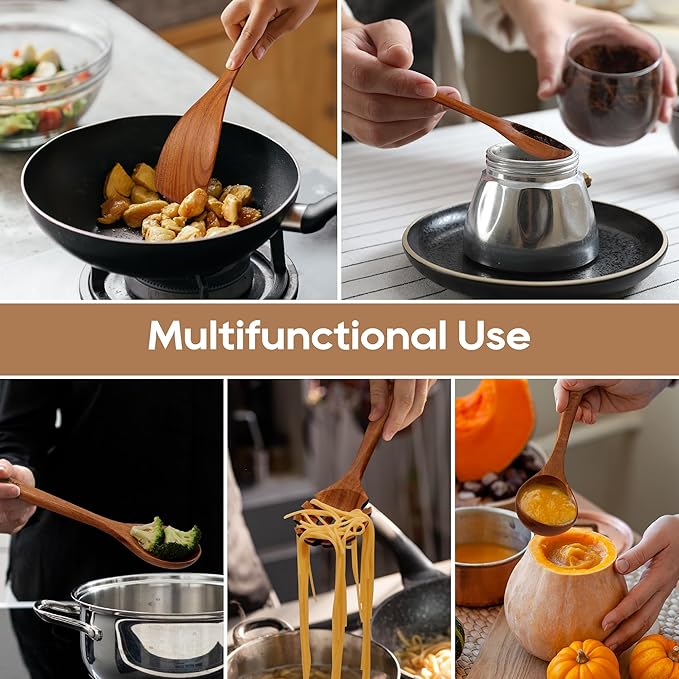 KLYRO Wooden Spoons for Cooking, Nonstick Kitchen Utensils Set with 4 Piece Measuring Spoons, Comfort Grip Wooden Spatula Set, 9 Piece Teak Wooden Cooking Utensils with Holder and Spoon Rest - Image 8
