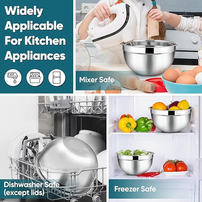 TeamFar Mixing Bowl Set of 5, Stainless Steel 4.5/3/1.5/1/0.7 QT Metal Nesting Salad Bowls with Lids, Ideal for Mixing Serving Tossing, Non-Toxic & Sturdy, Airtight Lid & Easy Clean, Blue - Image 7