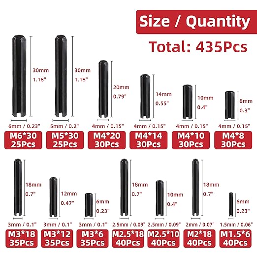 435-Piece Roll Pin Assortment Kit - Slotted Tension Pins, Split Dowels & Expansion Spring Pins - Includes M1.5 to M6 Sizes (13 Types) - Durable Spring Steel for Secure Fastening - Image 2