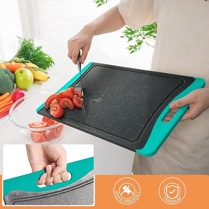 Extra Large Cutting Boards, Plastic Cutting Boards for Kitchen (Set of 3) Cutting Board Set Dishwasher Chopping Board with Juice Grooves Easy-Grip Handles, Turquoise, Empune - Image 3