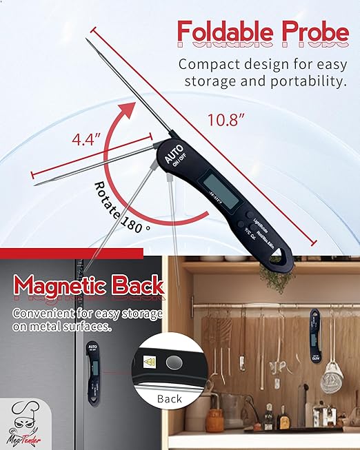 5 PCs Instant Read Meat Thermometer, 1.2s Fast Read, ±1°F Accuracy, -58°F to 572°F, 4.4" Foldable Probe, 0 °C Calibration, Min/Max (Session), Auto-Rotating Backlit Display, °F/°C, Magnetic Back - Image 6