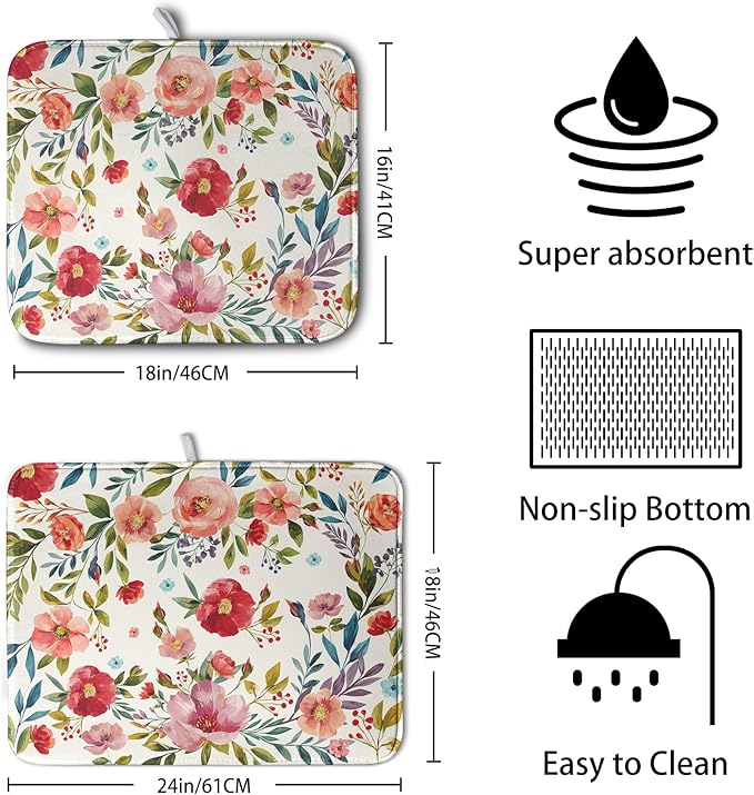 Floral Dish Drying Mat for Kitchen Counter Absorbent Microfiber Dishes Drying Pad Cute Flowers Dish Drainer Rack Mats Washable Coffee Sink Mat Extra Large 18"x24" Dish Mat - Image 2