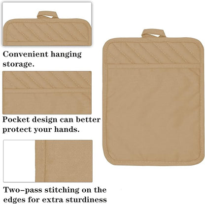 Oven Pot Holder with Pocket Cotton Heat Resistant Coaster Potholder Kitchen Hot Pad Oven Mitts for Cooking Square 7"x9"Set of 5 (Khaki) - Image 3