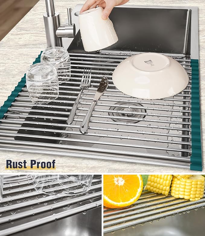 Tomorotec Stainless Steel Roll Up Dish Drying Rack, Foldable Over The Sink Rolling Drainer Rack, Multipurpose Kitchen Gadget Draining Caddy Organizer, Space Saving Sink Accessory Storage Shelf Holder - Image 2