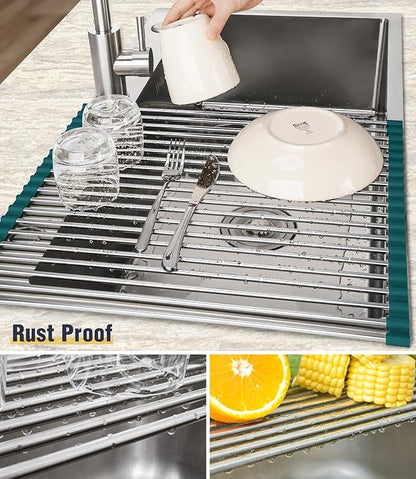 Tomorotec Stainless Steel Roll Up Dish Drying Rack, Foldable Over The Sink Rolling Drainer Rack, Multipurpose Kitchen Gadget Draining Caddy Organizer, Space Saving Sink Accessory Storage Shelf Holder - Image 2