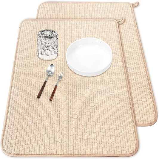 2 Pcs XXL Dish Drying Mats,Absorbent Microfiber Drainer Mat,Large Size 24×17" Pads for Kitchen Counter,Coffee,Rack,Under Sink(Beige) by Meirrnyyu