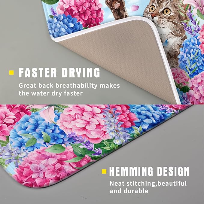 Hydrangea Floral Dish Drying Mat Cute Cat Microfiber Absorbent Dish Drying Pad for Kitchen Counter 16 X 18 - Image 3