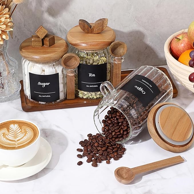 Suclain 3 Pcs Glass Coffee Container with Acacia Wood Lid & Spoon, 25oz, 20.3oz, 15oz Airtight Glass Jar with Wooden Shelf, Food Storage Containers Coffee Jar Tea Container(Acacia Color) - Image 5