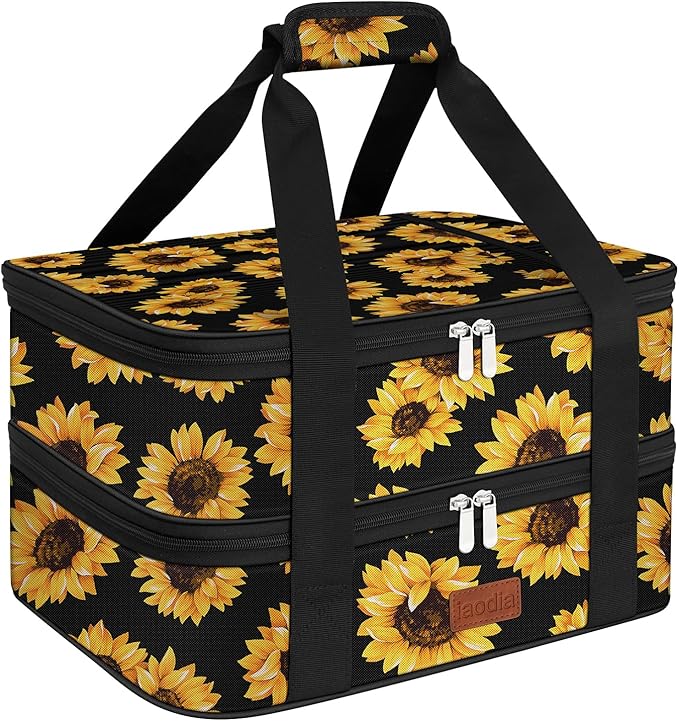 Double Casserole Carrier Bag，Expandable Thermal Food Carrier Insulated Travel Carry Bag for Hot or Cold Food for Picnic Cookouts Potluck Parties Fits 9" x 13" Baking Dish (Sunflower)