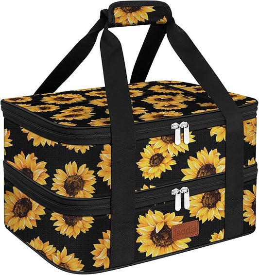 Double Casserole Carrier Bag，Expandable Thermal Food Carrier Insulated Travel Carry Bag for Hot or Cold Food for Picnic Cookouts Potluck Parties Fits 9" x 13" Baking Dish (Sunflower)