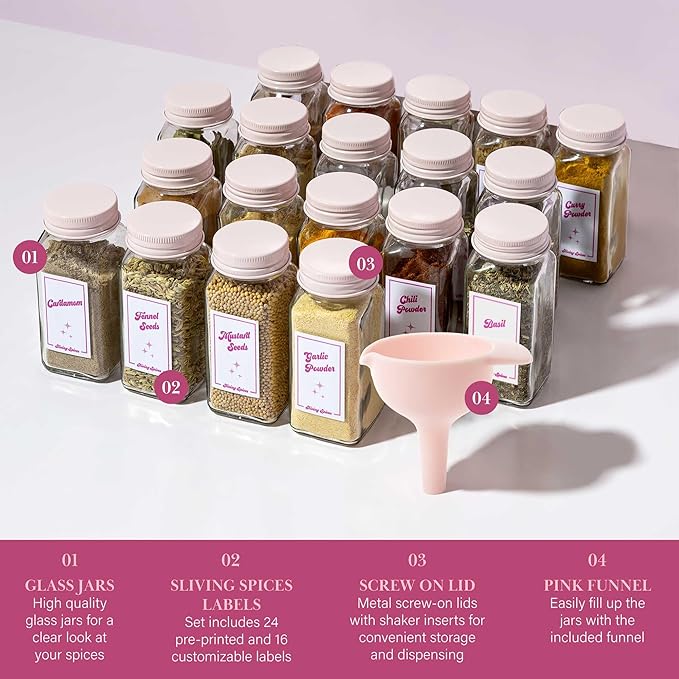 Paris Hilton Glass Spice Jar Storage Set, 4-Ounce Empty Spice Jars with Labels, Shaker Caps and Metal Lids, Collapsible Funnel Included, 20-Piece, Pink - Image 3