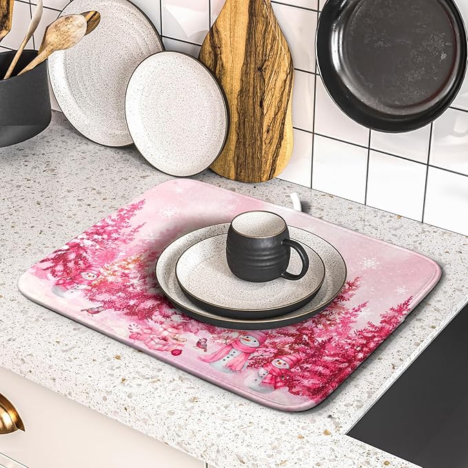Pink Winter Dish Drying Mat Forest Washable Drying Matt Kitchen Counter Absorbent Coffee Mat for Women - Image 5