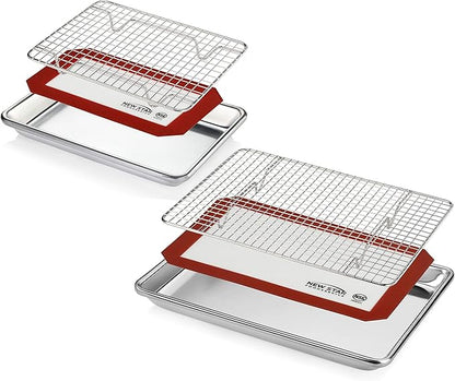 New Star Foodservice 1028768 Commercial-Grade Bun Pan/Baking Sheet, Baking Mat, Cooling Rack Combo, 1/8 and 1/4 Sizes Each