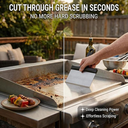 Grill Scraper, Stainless Steel Food Scraper with Handle – Heavy Duty Grill Scraper for Outdoor Grill, Flat Top Grill Cleaner, BBQ Tools & Accessories for Easy Grease and Stain Removal (Style 02)